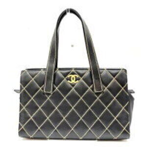 CHANEL Wild Stitch Handbag Black Coco Mark Horizontal Tote Bag Leather